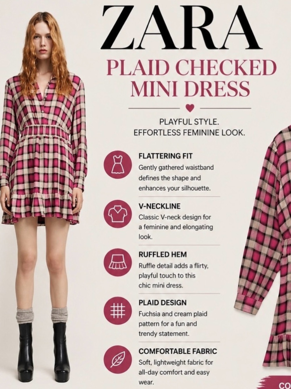 Zara Pink and Cream Plaid Smocked-Waist Shirt Dress